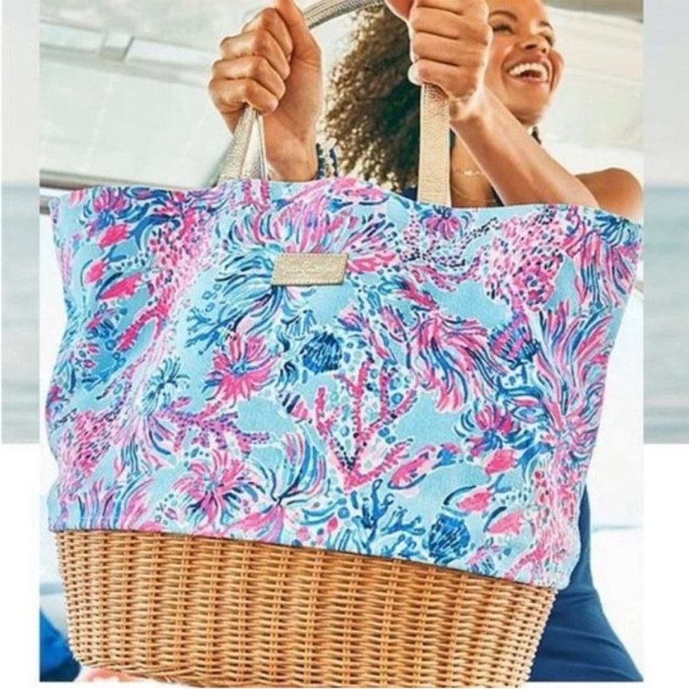 LILLY Pulitzer Celestial Blue Seek & Sea Canvas & Wicker Tote Bag